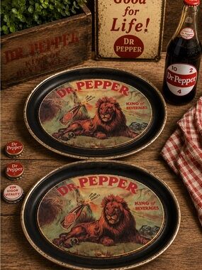 Vintage Dr Pepper King of Beverages Lion Tray Pair Retro Bar Americana Decor